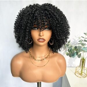Kinky Curly synthetic Wig Natural Black w/Bangs 10 Inch Glueless Heat resistant